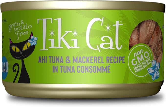 Tiki Cat Luau Grain-Free, Low-Carbohydrate Wet Food with Poultry or Fish in Consomme for Adult Cats & Kittens, 2.8oz, 12pk, Tuna & Mackerel