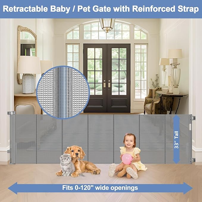 Reinforced 120 Inch Extra Large Baby Gate for Doorway, 33 Inch Tall Retractable Baby Gates Extra Wide, 10 Ft Mesh Gates for Kids and Pets, Outdoor Retractable Gate for dogs with Reinforced Strip, Gray