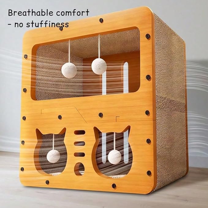 Multi-Function Cat Scratcher House Box,3-in-1 Scratch Pad and Soft Bed & Play Cave with Toys, Durable Build & Ideal for Cats/Kitty (Yellow,MD-CAT2)