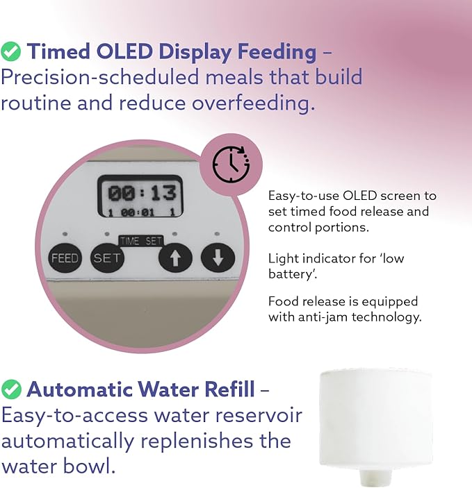 Feeding Friend® Automatic Dog & Cat Food Feeder with Water Dispenser – Smart Pet Feeder with Portion Control, OLED Display, Anti Jam Design, Battery Operated Dispenser for Small - (XS) Pets - Taupe