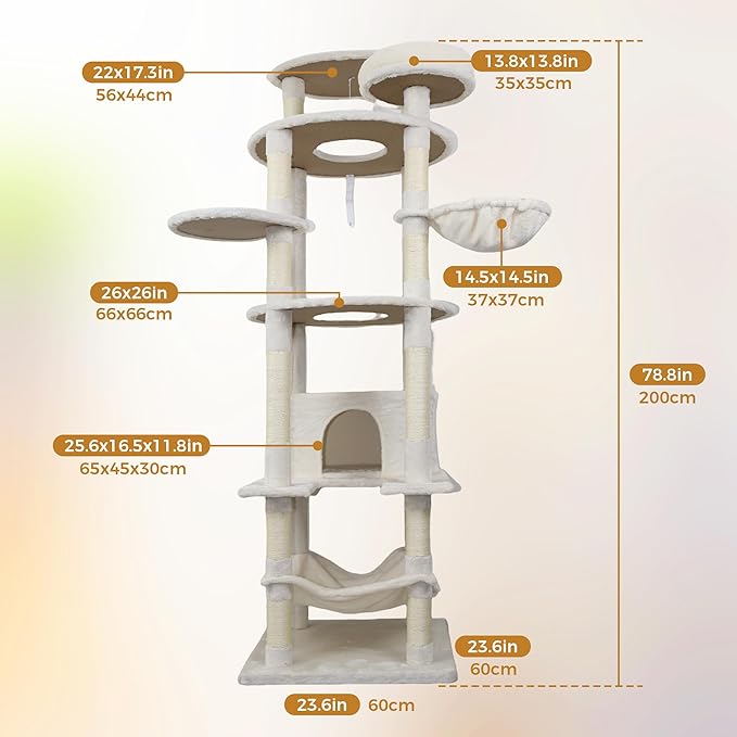 78.8 Inches Cat Tower for Indoor Cats, Cute Cat Tree with Cozy Condo, Platform, Hammock, Sisal Scratch Board and Interactive Toy (Beige)