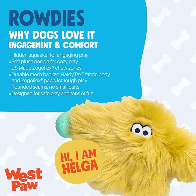 WEST PAW Rowdies Helga Durable Plush Dog Toy with Reinforced Seams Chew Resistant HardyTex Fabric and Interactive Squeaker for Safe Indoor and Outdoor Playtime Bundle for Dogs - Citrus