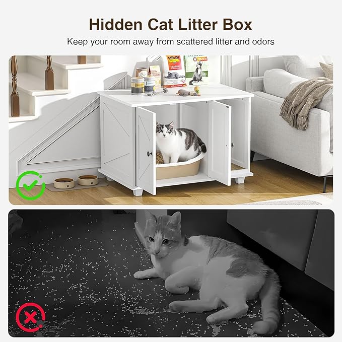Giluta Cat Litter Box Enclosure,Hidden Litter Box Furniture Cabinet with Scratching Pad,Wooden Pet House Side End Table for Living Room Washroom,31.5 x 20.5 x 21.6 Inches (White)