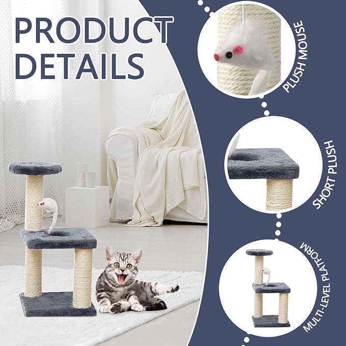 Small Cat Tree With Sisal Scratching Pole, Interactive Toys for Indoor Cats, Scratching Post, Easy Installation Tower for Small Cats