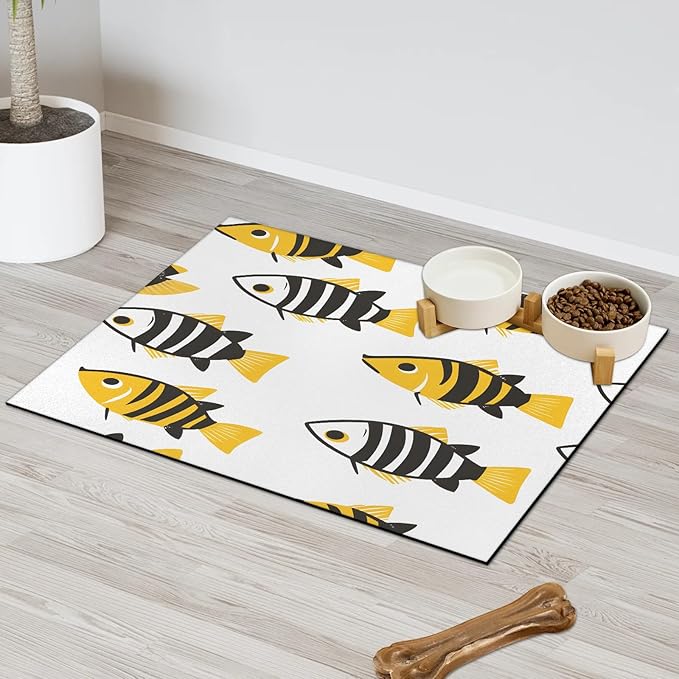 Fish Dog Food Mat for Floors Absorbent Dog Bowl Mat for Food and Water Dispenser Quick Dry Cat Food Placemat Pet Supplies 17" x 30", Ocean