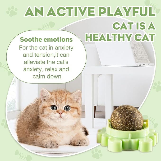 Catnip Balls for Cats - 4 Pack Wall-Mounted 360° Spinner Chew Toys, Freshens Teeth & Reduces Boredom, Natural Catnip Filled