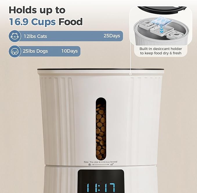 DUMOS Automatic Cat Feeder, 4L Timed Cat Food Dispenser with APP Control, 10s Voice Recorder, Dual Power Supply, 2.4G WiFi Indoor Programmable Pet Feeder with Desiccant for Small Cats and Dogs, White