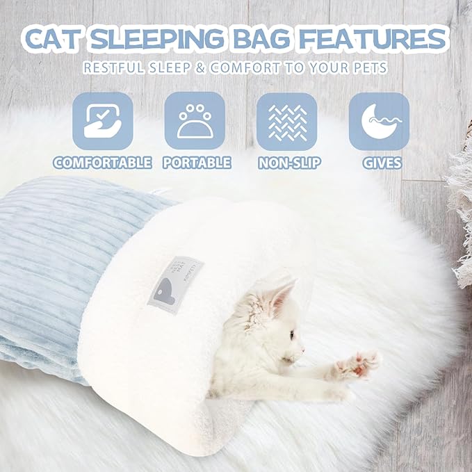 Cat Sleeping Bag Bed, Winter Soft Plush Sack Self Warming Cave Bed for Indoor Cats, 360°Wrap Comfortable Pet Snuggle Sack, Soft Plush Large - Size L (Grey)