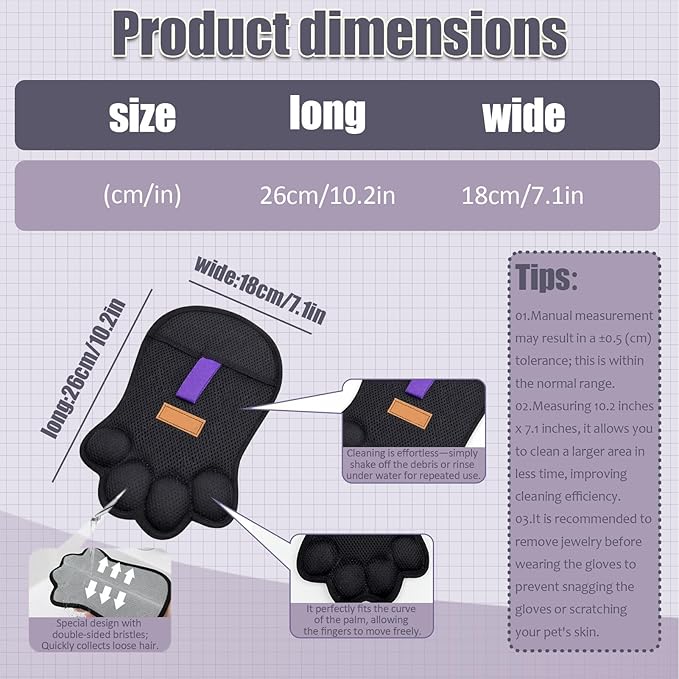 Reusable Pet Grooming Glove - Static Hair Remover Scrubber, Cleaning Tool for Cats Dogs, Comfortable Hand Fit Design, Pet Care Feature, Suitable for Furniture Carpet Couch Car Seat