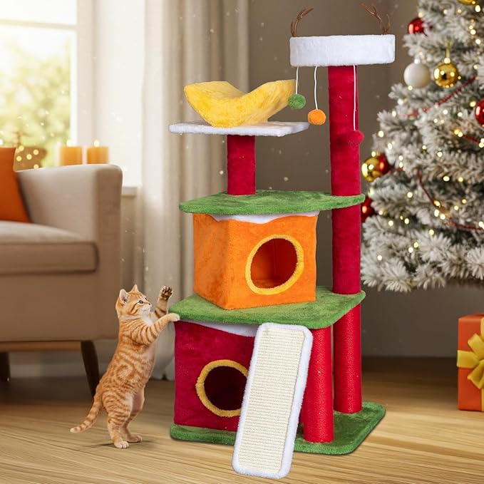 Outvita 48.5in Christmas Themed Plush Cat Tree, Multi-Level Cat Tower with Cat Condos, Top Perch, Sisal Ramp Scratching Board, Large Cat Pet Activity Center for Indoor Cats