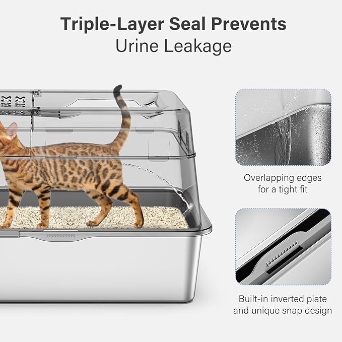 Stainless Steel Litter Box with Lid, XL Extra Large Enclosed Cat Litter Box Fits All Cats Modular Design with Flip Cover, Top Entry Metal High Sided Cat Box & Pedal & Scoop (Grey)