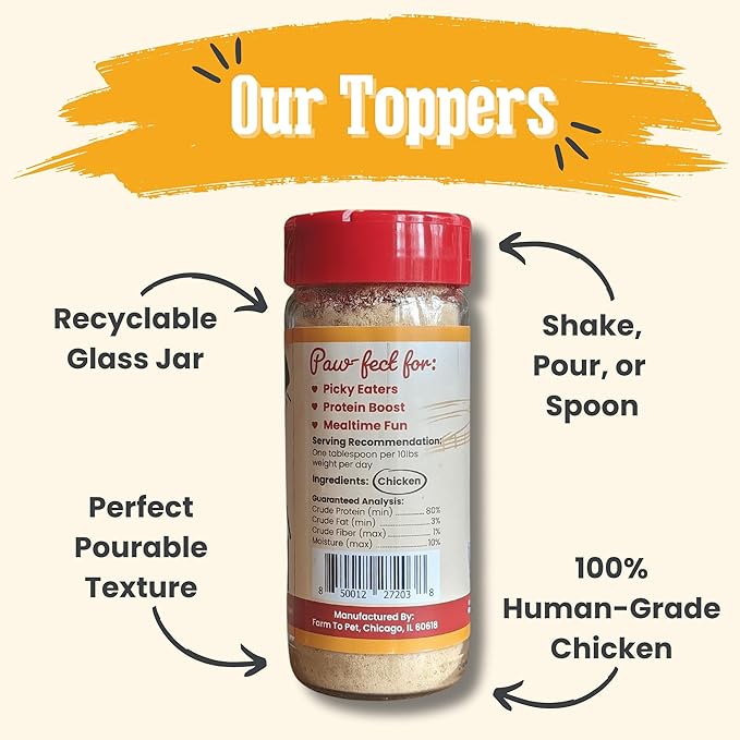 Farm To Pet - Dry Dog Food Topper - 4.7 oz Chicken Meal Toppers for Dogs, Single Ingredient, Lean, All Natural, Healthy Food for Small, Medium, Large Breeds, & Puppies, Made in USA