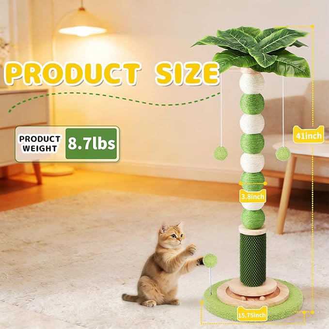 Cat Scratching Post,41'' Tall Cat Tree 3.8'' Diameter Sisal Rope Scratching Posts for Indoor Cats Adults,Cat Scratcher Ball with 360° Rotating Hangling Ball,Wood Interactive Ball Toy for Cats Kittens