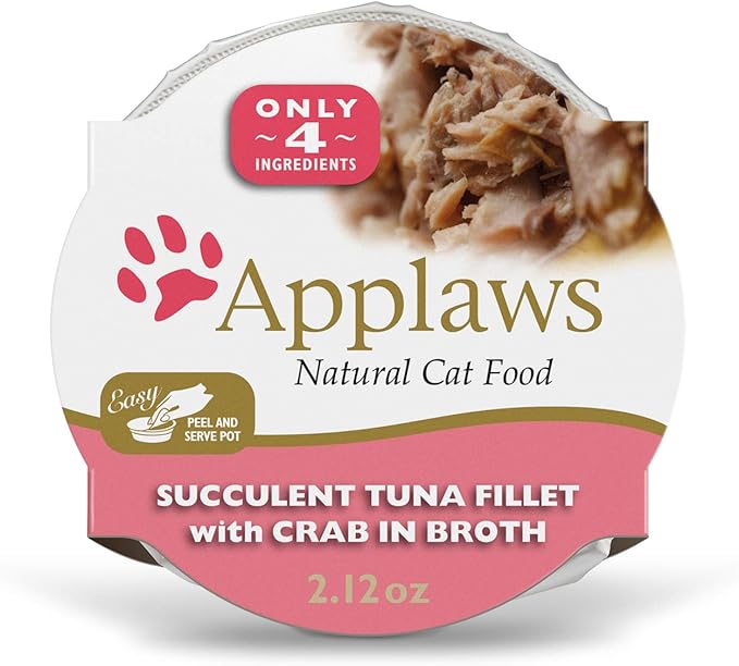 Applaws Natural Wet Cat Food, 18 Count, Limited Ingredient Cat Food Pots, Tuna Fillet with Crab in Broth, 2.12oz Pots