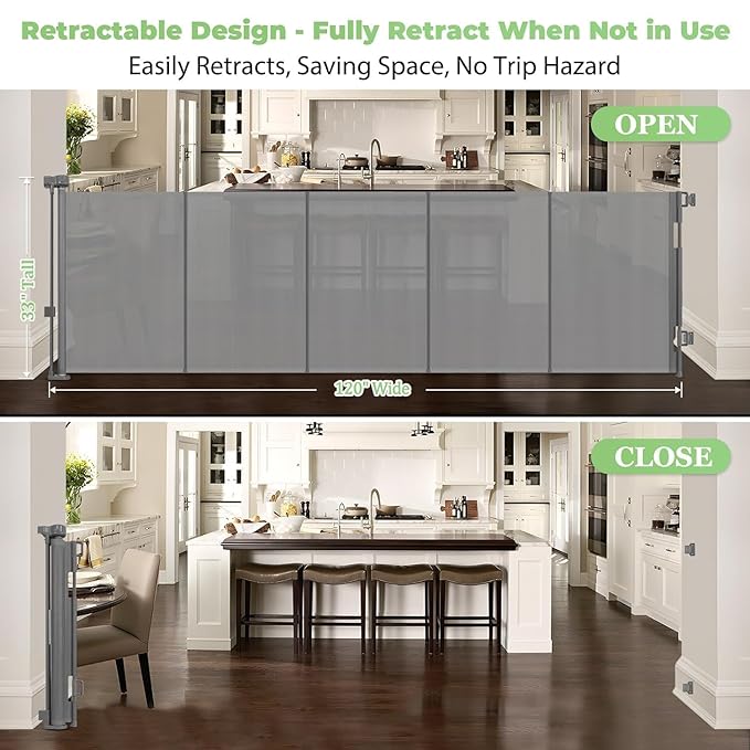 Reinforced 120" Extra Wide Retractable Baby Gate with Support Rods – Prevent Crawling Under, 10 Foot Extra Long Dog Gate Large Baby Gate for Large Openings, Mesh Gate Retractable Pet Gate, Gray