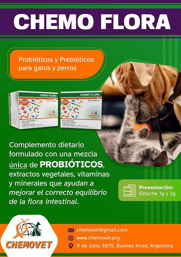 Chemo Flora Probiotic and Prebiotic Supplement for Dogs and Cats, Digestive Health Support, Palatable Tablets, 1g, 30 Count