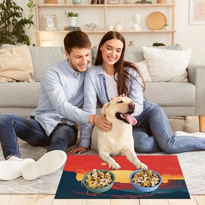 Sunrise Cactus Dog Food Mat for Floors Absorbent, Quick Dry Water Dispenser Mat for Food, Water, Pet Supplies 24" x 32", Mountain