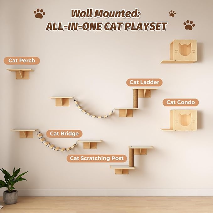 8 in 1 Cat Wall Shelves Cat Climber Set, Wall Mounted Cat Furniture with Scratching Post, Cat Bridge, Cat Condos and Cat Perches