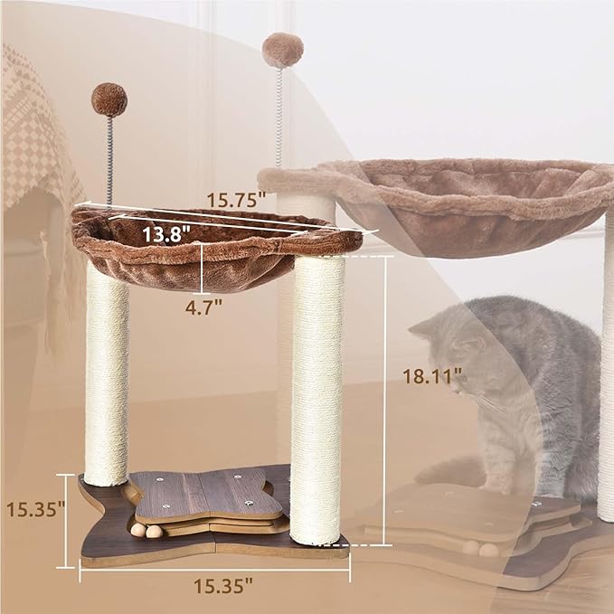 FluffyDream Cat Scratching Post for Indoor Cats, Small Cat Tree Tower with Hammock,Wooden Interactive Ball Track for Kitten and Adult Cats,18inches (Brown)