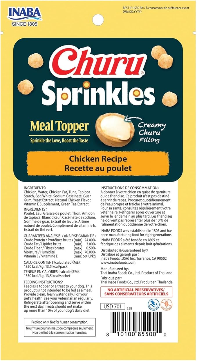 INABA Churu Sprinkles for Dog, Soft & Chewy Churu Filled Dog Meal Toppers with Vitamin E and Green Tea Extract, 1.05 oz. per Pack, 18 Packs Total, Chicken Recipe