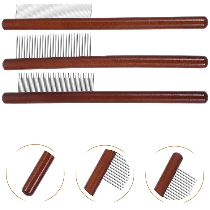 POPETPOP 3pcs Pet Grooming Comb Kit Wooden Dematting Comb with Rounded and Fine Teeth for Dog and Cat Hair Care, Portable Flea Removal Tool Suitable for Small Breeds and Kittens