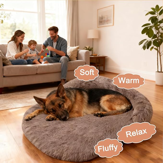 Calming Dog Beds for Medium Large Dogs, Orthopedic Cushion Plush Large Pet Bed Lounge with Washable Cover, Anti-Anxiety Soft Fluffy Faux Fur Fits up to 60 lbs Pets (Oval, Brown 40"x30")