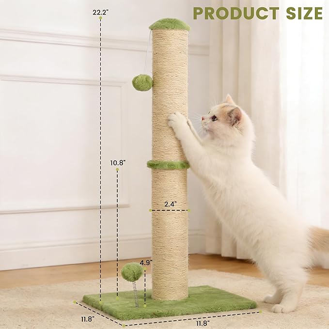 22" Small Cat Scratching Post, 3-in-1 Durable Sisal Vertical Cat Scratcher Post with Hanging Ball, Soft Fabric Stable Base Cat Scratch Pole for Kittens or Smaller Cats, Green