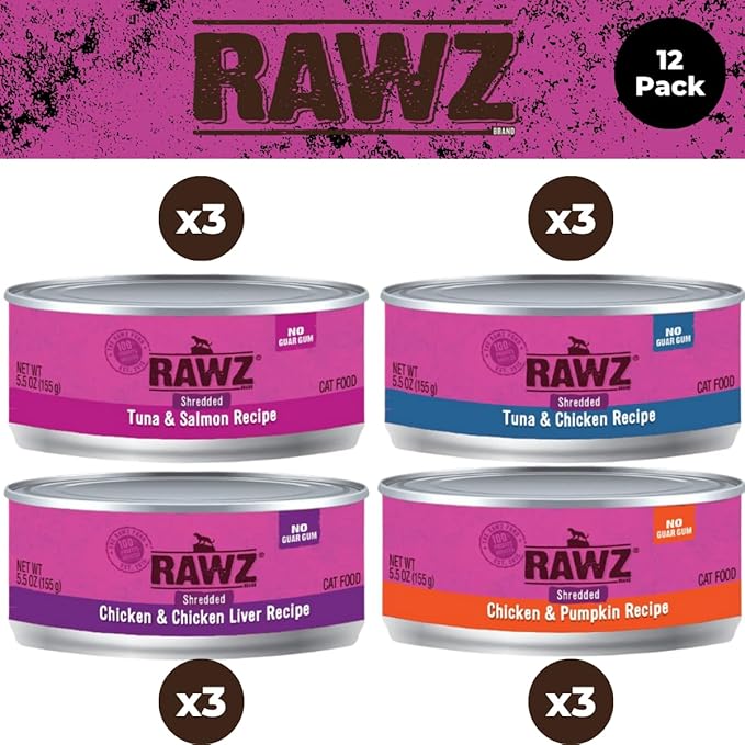 Rawz Natural Premium Canned Cat Wet Food Shredded -12 Pack Cans Variety Bundle -4 Flavors - (Tuna & Salmon, Chicken Liver, Tuna & Chicken, Chicken& Pumpkin) (5.5 oz Can Lid)