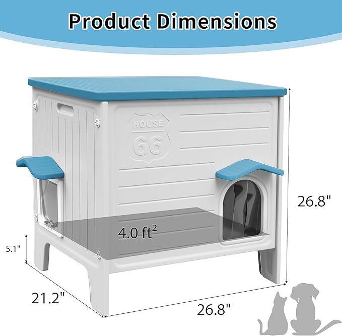 Rockever Insulated Outdoor Cat House, Waterproof Cat House for Outdoor Cats with Escape Door, Plastic Feral Cat House Outdoor Indoor, Spacious and Clean Easily (Blue,L)