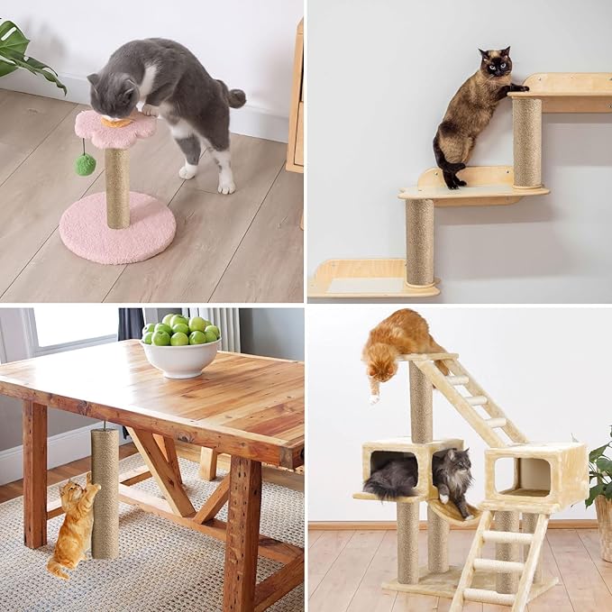 4 Pcs Cat Scratching Post Replacement, Natural Jute Pole Cat Tree Replacement Parts, Cat Scratch Pole with 8 M8 Screws and 1 Wrench for Indoor Kittens Tower (11.8 x 3.3 in)