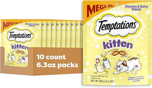 Temptations Kitten Treats Classic Crunchy and Soft Cat Treats, Chicken and Dairy Flavor, 6.3 oz. Pouch (Pack of 10)