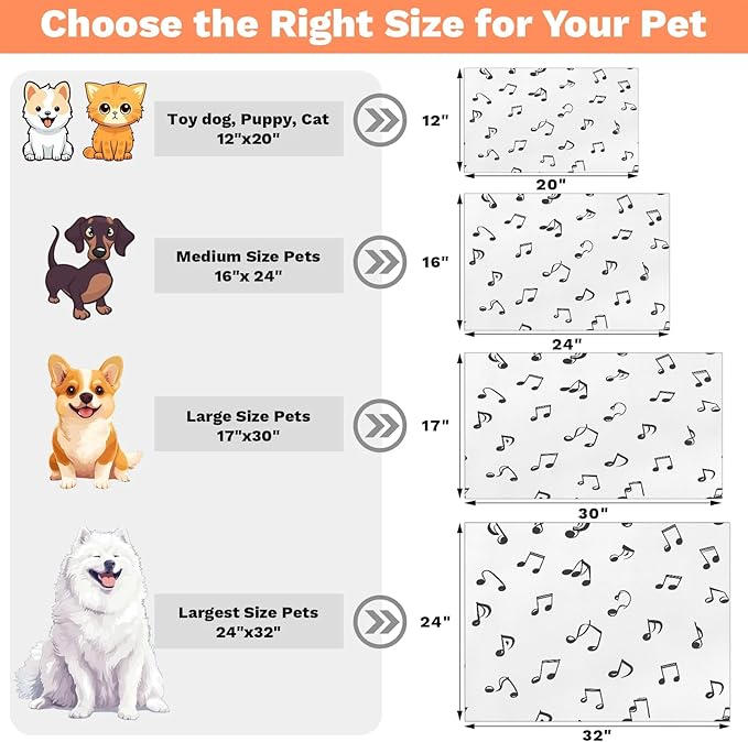 Black Note Dog Food Mat for Floors Absorbent Dog Bowl Mat for Food and Water Dispenser Quick Dry Cat Food Placemat Pet Supplies 16" x 24", Black White
