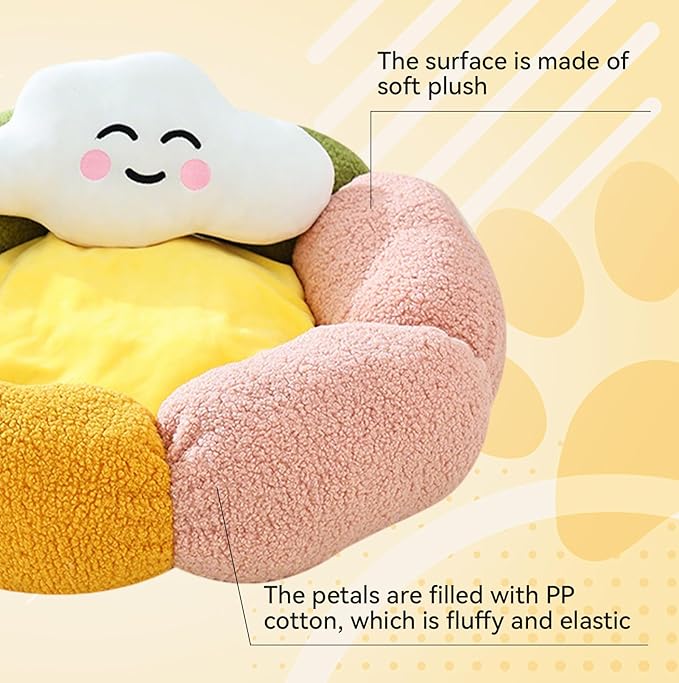 Cute Flower Cat Bed with Cloud Pillow,Calming Donut Bed for Indoor Kittens Washable Fluffy Cat Sleeping Nest Anti-Slip Bottom for Small Pet Kitten