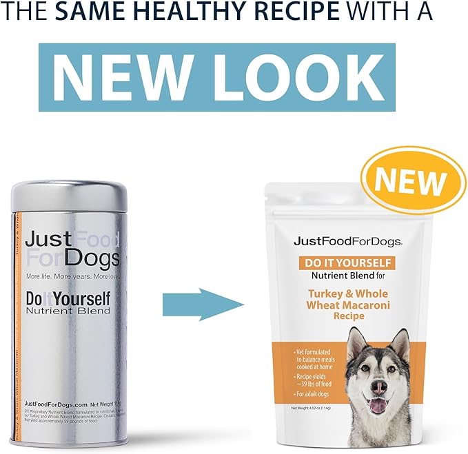 Just Food for Dogs Nutrient Blend, Vitamins and Supplements for Homemade Dog Food, Turkey and Whole Wheat Macacroni, DIY Fresh Pet Meals and Toppers, Human Grade Quality, 4.55oz