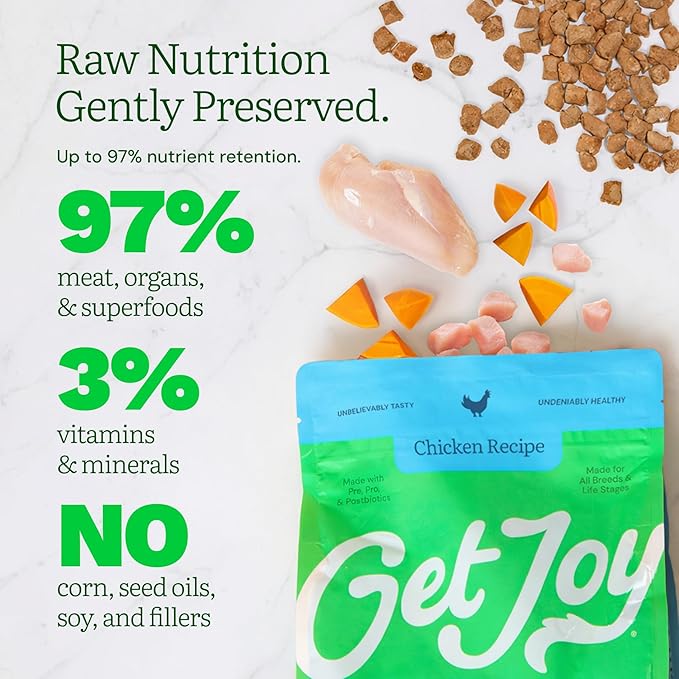 Get Joy Freeze Dried Dog Food | Chicken Recipe with Superfoods for Gut Health & Digestion | Vet Formulated Meal or Topper for Puppy, Senior & Adult Dogs, 100% USDA Sourced, Seed Oil Free | 4oz Bag