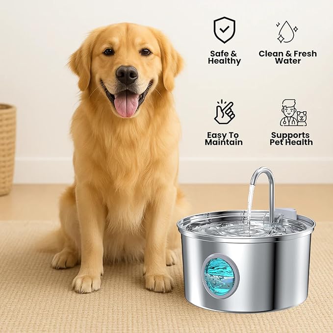 Dog Water Fountain, 4L/7L The Doggy Fountain, Stainless Steel Dog Water Fountain, Whisper Quiet & Easy to Clean & Multi-Filtration (Type B + 2 Filters, 3.2L/112oz)