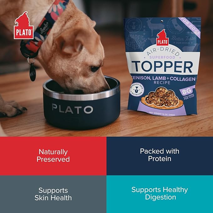 Plato Pet Treats Dog Food Toppers - Air-Dried Dog Food Toppers for Dry Food - with Collagen to Support Skin and Coat Health - Venison, Lamb and Collagen Recipe 5.5oz