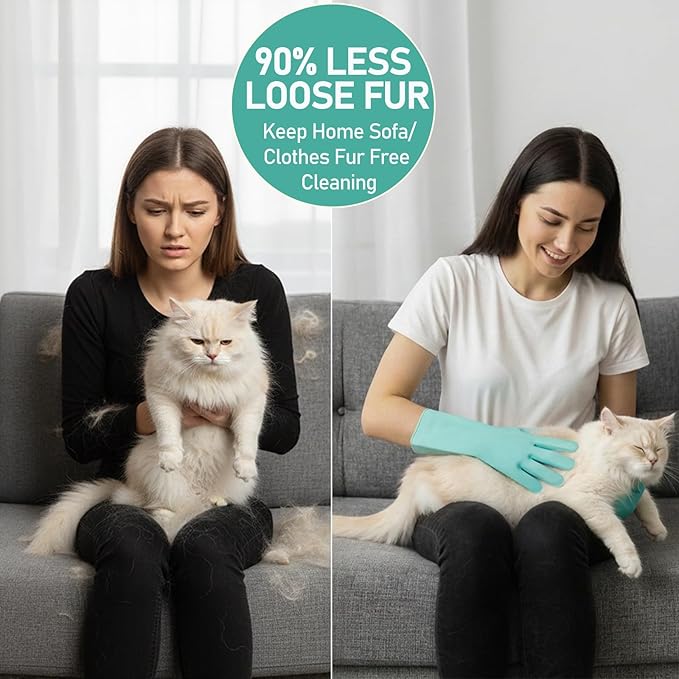 Cat Grooming Gloves for Hair-Removal: Effective at Removing 90% Loose Fur - Keep Home Sofa/Clothes Fur Free Cleaning & Silicone Bristles - Gentle Grooming for Short-long Hair Cats