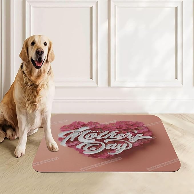 Dog Food Mat for Floors Absorbent Quick Drying Happy Mother's Day Heart Floral Gift for Mom Fu Pet Cat Food Mat Easy-to-Clean Pet Feeding Mats Dog Bowl Mats 18X12In