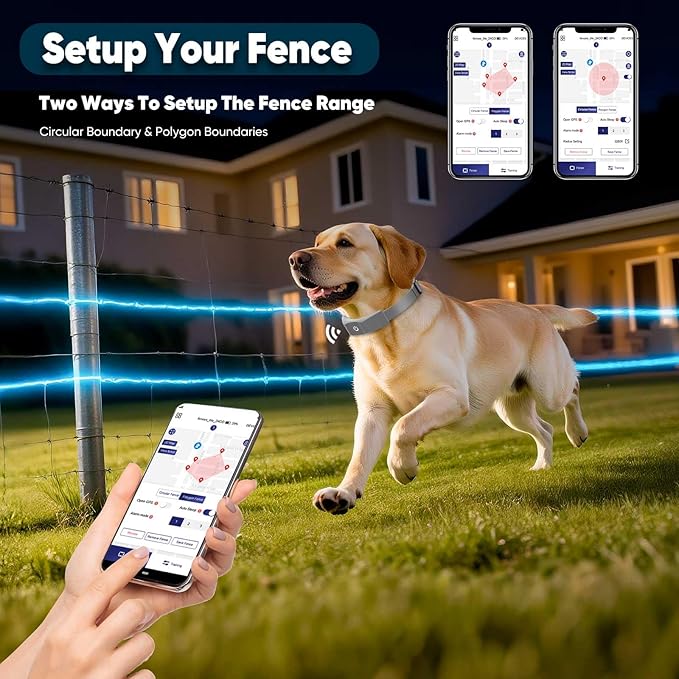 GPS Electric Dog Fence with Free App, Wireless Fence System with Training Collar, Adjustable of Dogs Portable for Outdoor Use, Rechargeable Waterproof Flexiable Collar, (Grey)