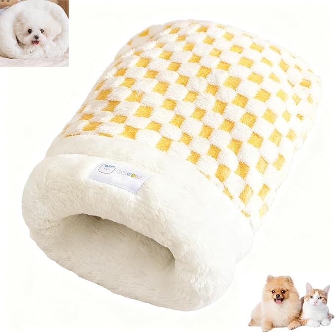 Cat Sleeping Bag for Indoor Cats, Cozy Pet Nest for Cats, Fluffy Cat Bed Cave for Small Dog Cat, Self Warming Winter Pet Sleeping Bags for All Seasons Indoors (Yellow)