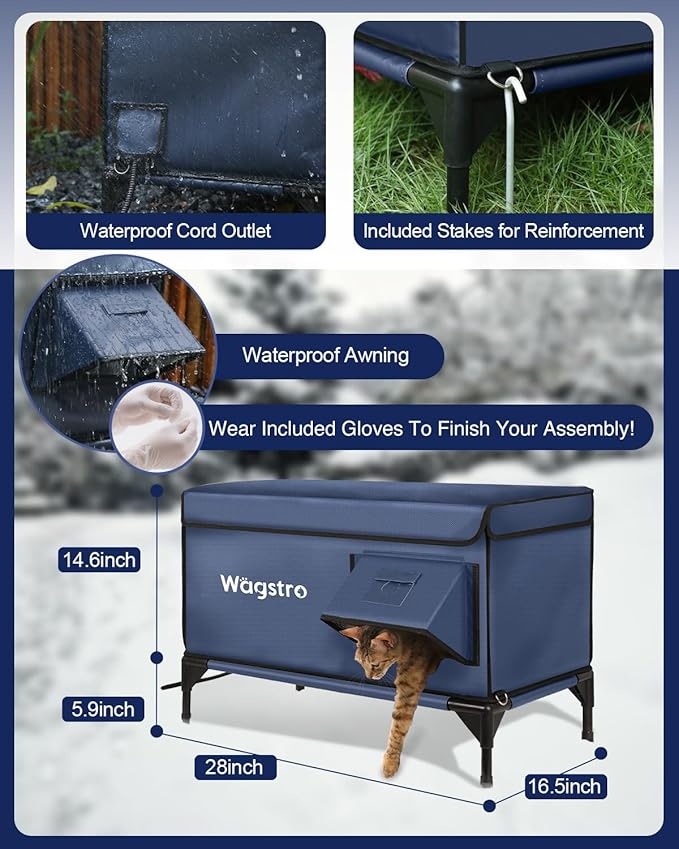 Ex-Large Heated Cat House for Outside in Winter, 100% Waterproof, Escape Door, 6" Elevated, Weatherproof Insulated Outdoor Cat House Shelter with Heater for Stray Feral Cat (Dark Blue, 29"x17"x20")