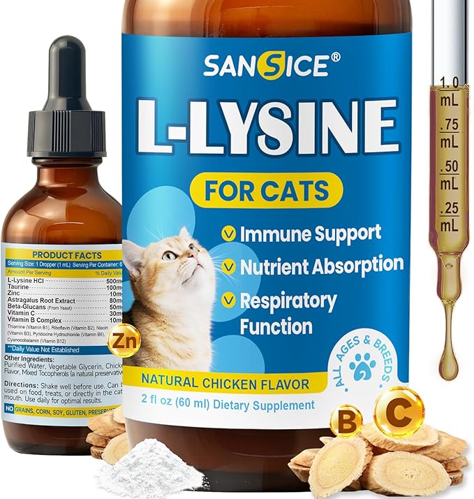 L-Lysine Supplement for Cats Immune Support, Cats Lysine Drops for Feline Respiratory, Sneezing, Runny Nose, Eye Function, Natural Strengthen Defenses-Natural Chicken Flavor, 2FL oz