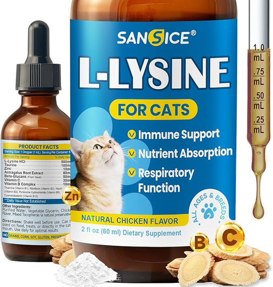 L-Lysine Supplement for Cats Immune Support, Cats Lysine Drops for Feline Respiratory, Sneezing, Runny Nose, Eye Function, Natural Strengthen Defenses-Natural Chicken Flavor, 2FL oz