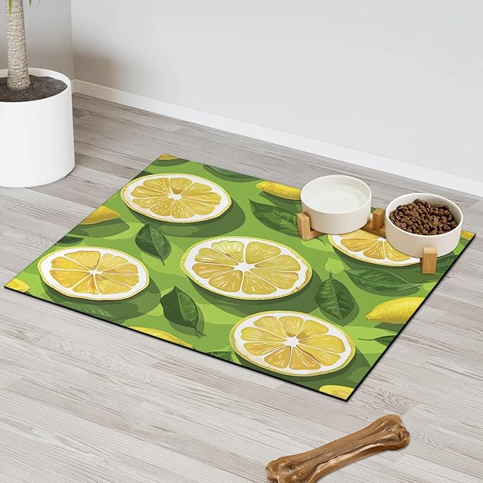 Lemon Slices Dog Food Mat for Floors Absorbent Dog Bowl Mat for Food and Water Dispenser Quick Dry Cat Food Placemat Pet Supplies 17" x 30", Summer Fruit