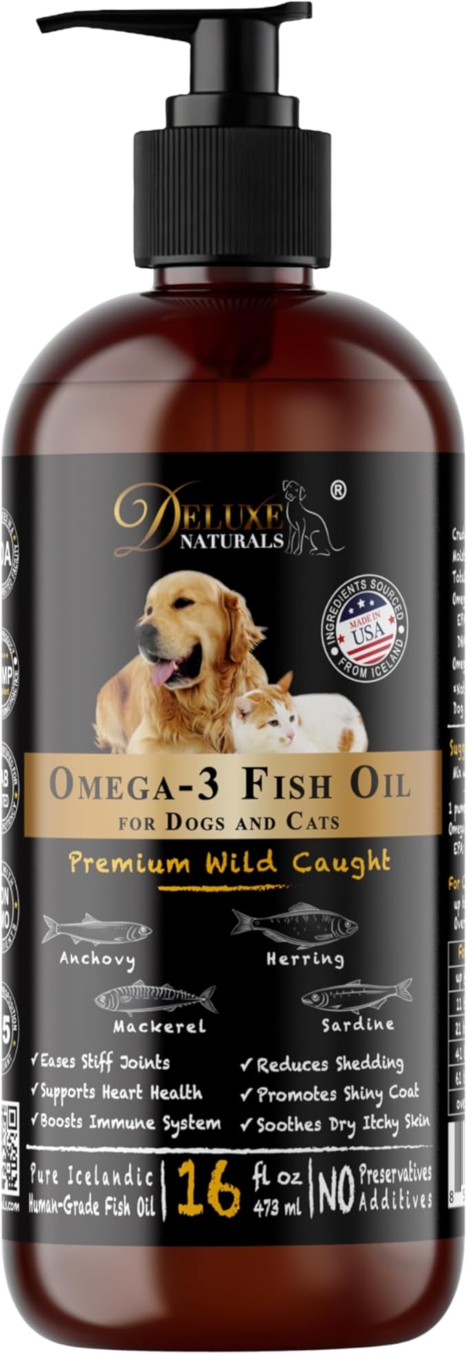 Rich Omega-3 Fish Oil for Dogs & Cats | Natural EPA + DHA Fatty Acids for Shiny Coat, Reduce Itchy Skin, Support Joint Function, Immune & Heart Health, 16 FL OZ