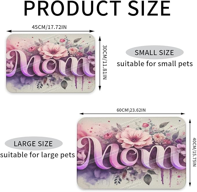Pet Feeding Mats with Residue Collection Happy Mother's Day Floral Gift for Mom Bm Waterproof Dog Cat Bowl Mat 18X12In with Prevent Water Food Spills