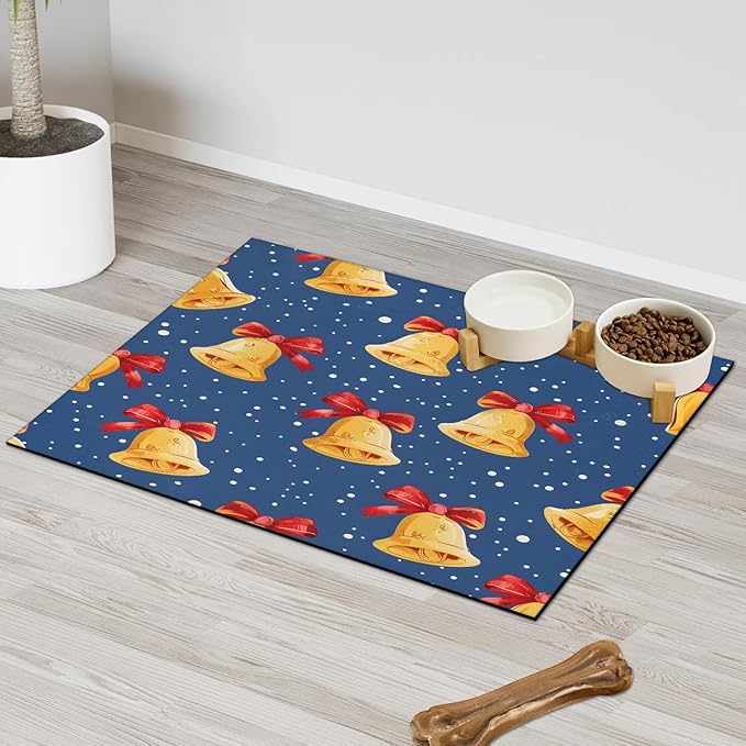 Christmas Bell Dog Food Mat for Floors Absorbent, Quick Dry Water Dispenser Mat for Food, Water, Pet Supplies 24" x 32", Winter Snowflake