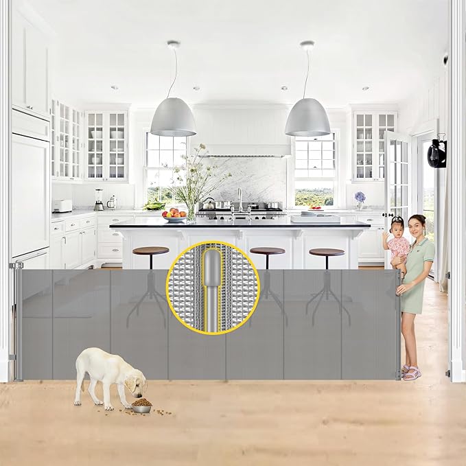 Reinforced 42” Tall x 130” Extra Wide Retractable Dog Gate Extra Tall Pet Gate with Rods to Prevent Crawling Through, Long Baby Gates for Dogs Child Safety Gate Mesh Dog Gate Indoor Outdoor, Gray