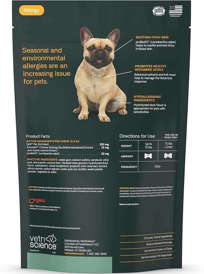 VetriScience Allergy & Itch Support Chews, Allergy Plus Skin Supplement for Dogs, Allergy Chews for Itching, Scratching, and Licking, Support Skin and Immune Health, Duck, 75 Count